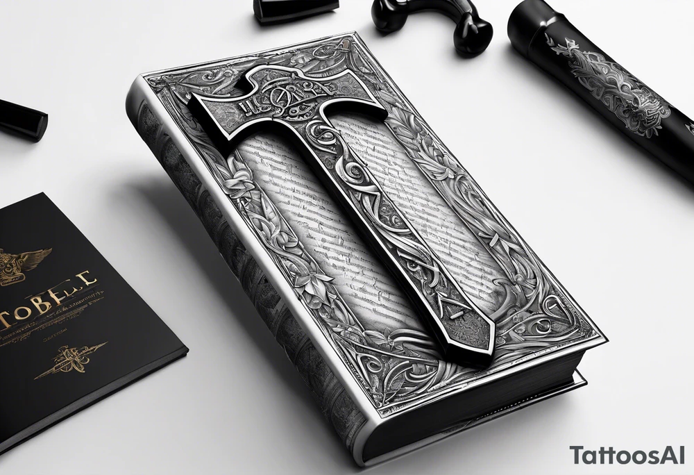 An opened bible with a battle Axe tattoo idea