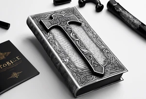 An opened bible with a battle Axe tattoo idea