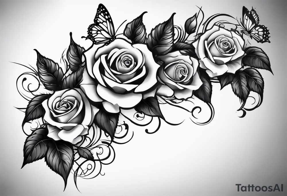 Multiple roses going down a vine with thorns, butterfly wings in the center, spine tattoo tattoo idea