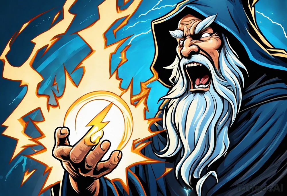 Yelling wizard directing a lightning strike with blue lightning and a black cloak tattoo idea