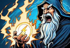 Yelling wizard directing a lightning strike with blue lightning and a black cloak tattoo idea