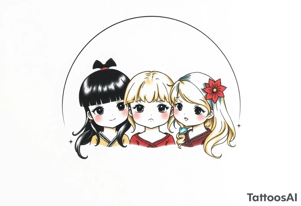 3 petites filles ( une cheveux noir et deux blondes)
sous un arc en ciel incomplet tattoo idea