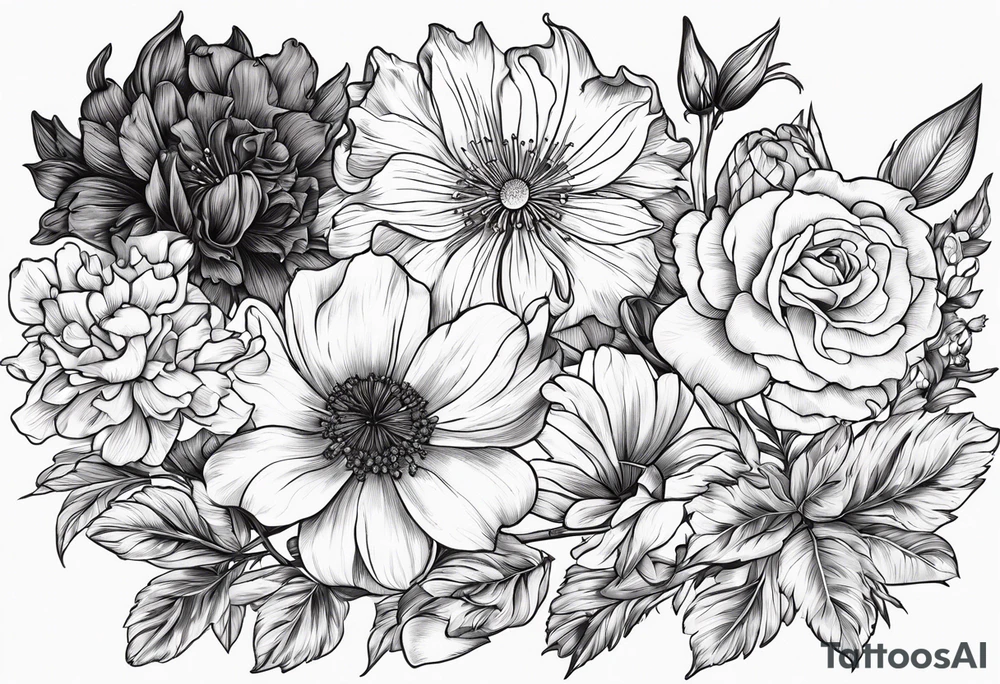 Bundle of flowers with Two carnations, Two daffodils, One snowdrop, One hawthorn flower, Two honeysuckles, One rose, One chrysanthemum, one cosmos, one marigold, one morning glory, and one aster tattoo idea