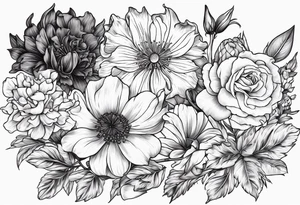 Bundle of flowers with Two carnations, Two daffodils, One snowdrop, One hawthorn flower, Two honeysuckles, One rose, One chrysanthemum, one cosmos, one marigold, one morning glory, and one aster tattoo idea