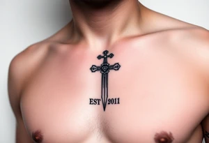 Russian inspired cross looking sword under nipple line with “EST 2001” below the sword under belly button tattoo idea