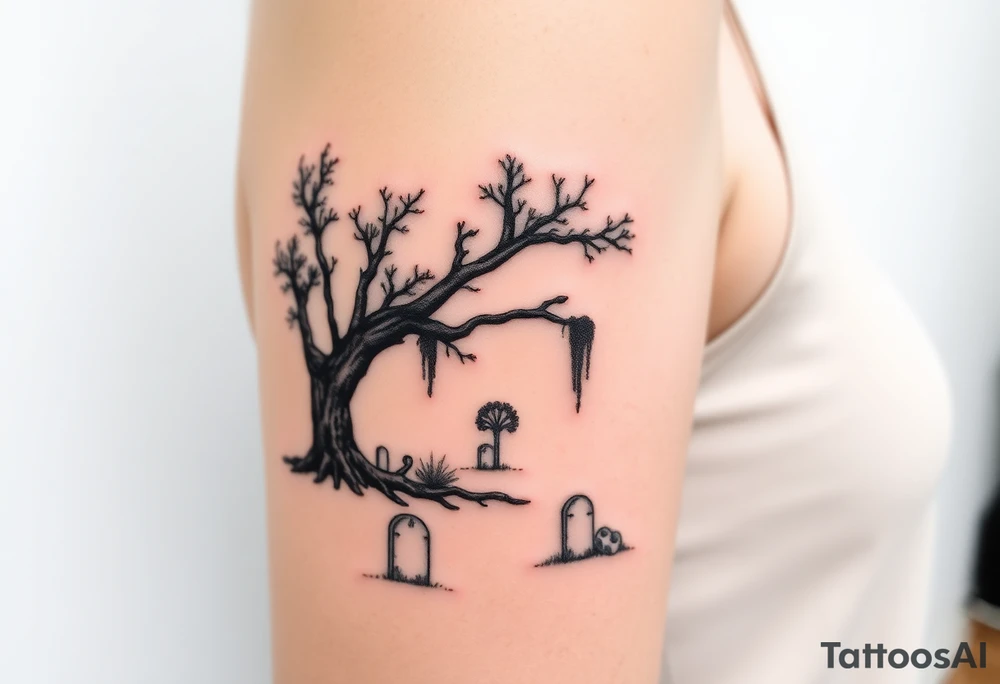 2 Oak trees with Spanish moss in a cemetery tattoo idea