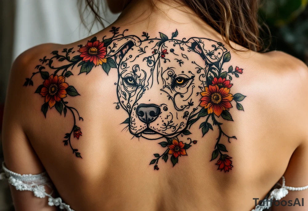 Pitbull made of floral patterns, full-body design with brown fur subtly blending into red and yellow flowers and green vines. tattoo idea