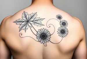 Arm decorated with Maple leaves and gerbera daisies connected with thin swirly lines tattoo idea