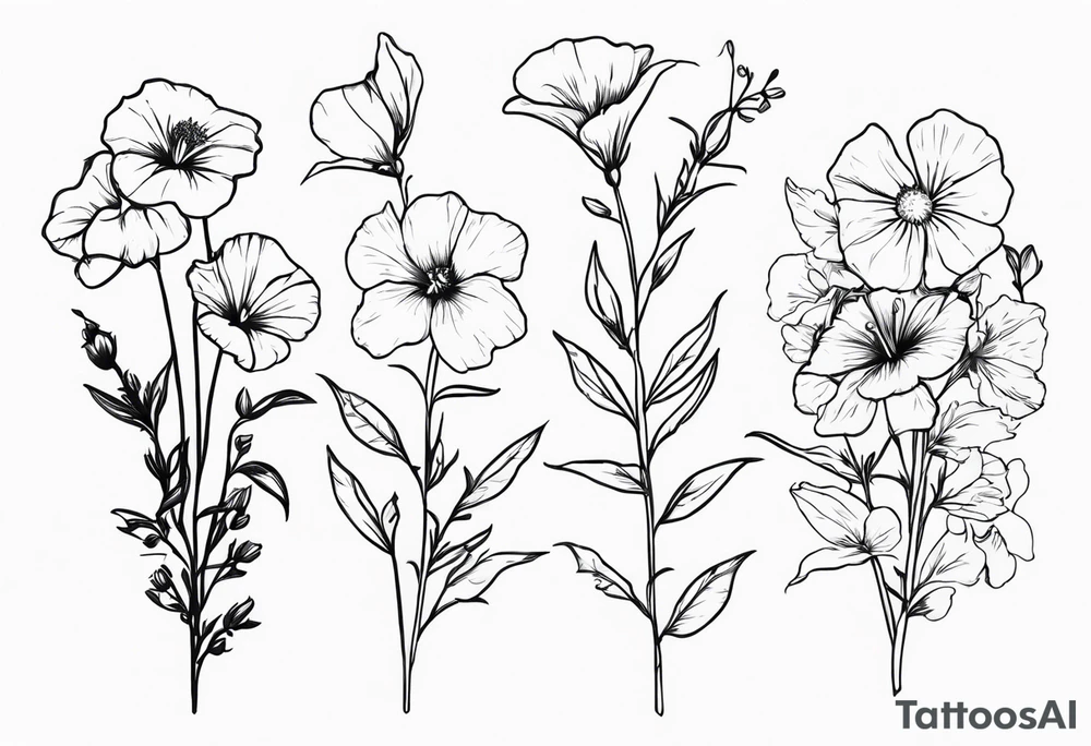 a vertical minimal flower bouquet including sweet pea, larkspur, morning glory and cosmos tattoo idea