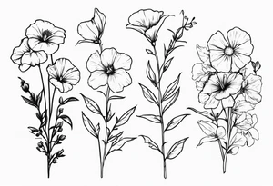 a vertical minimal flower bouquet including sweet pea, larkspur, morning glory and cosmos tattoo idea