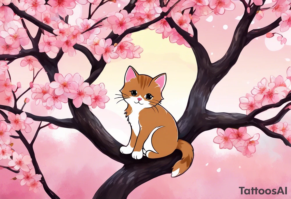 Generate a design where a graceful pink cherry blossom tree extends vertically, occupying the full height of 15cm, with delicate blossoms scattered along its slender branches coloured with a watercolor effect. Nestled among the branches, a small, playful kitten is perched, gazing curiously outward. The kitten's fur can have intricate details, highlighting its softness and playfulness. Surrounding the kitten and the tree, some petals could be gently falling, adding a dynamic and serene feel to the design. This vertical composition would elegantly fit your biceps, creating a charming and feminine piece of art. tattoo idea