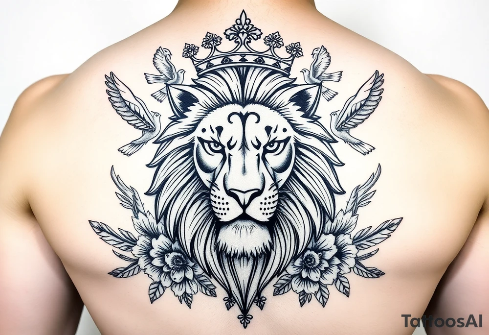 powerful majestic lion with a crown, surrounded by floral ornaments and birds tattoo idea