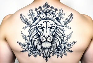 powerful majestic lion with a crown, surrounded by floral ornaments and birds tattoo idea