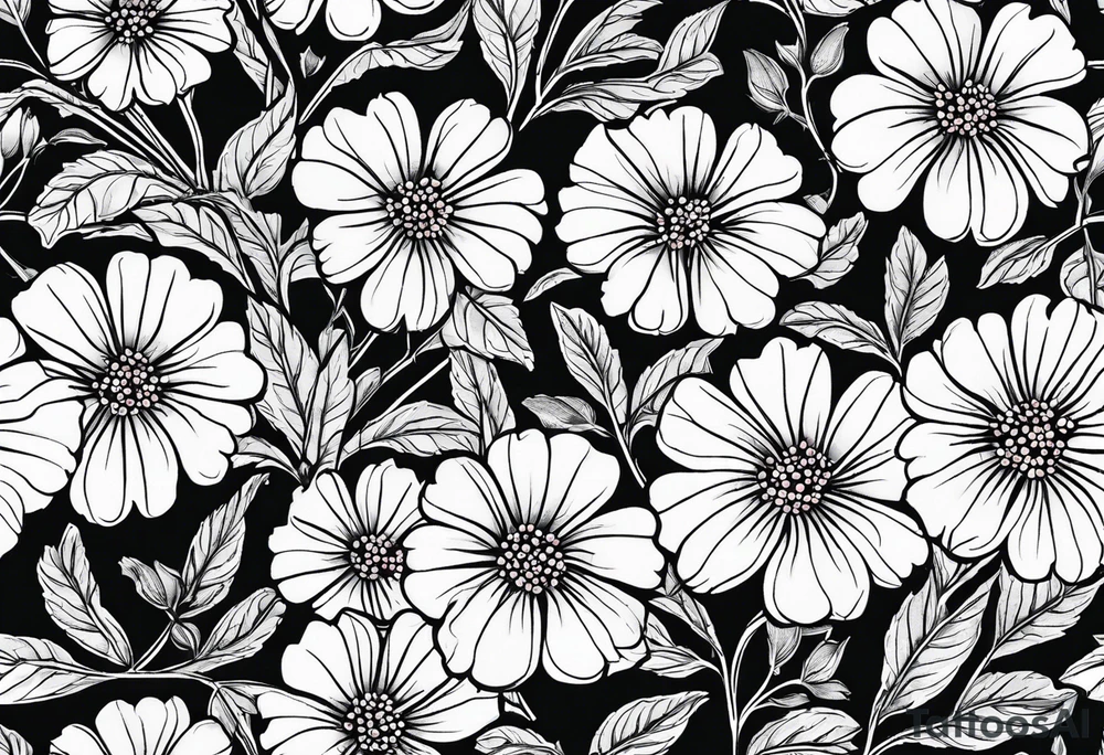 Generate a picture of Vervain (Verbena) flowers forming an oval shape with small leaves around them. tattoo idea