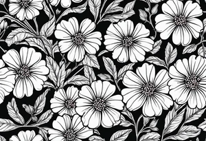 Generate a picture of Vervain (Verbena) flowers forming an oval shape with small leaves around them. tattoo idea