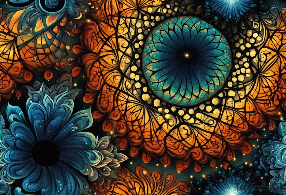 a mesmerizing tattoo featuring the Mandelbrot set. It's all about those intricate, self-similar patterns that repeat endlessly, no matter how much you zoom in. Imagine a delicate spiral of vibrant colors, swirling gracefully on the skin, like a window into the infinite depths of mathematics and artistry. Each curve and loop tells a story of complexity and beauty, inviting the viewer to get lost in its mesmerizing detail. It's not just a tattoo; it's a portal to a world of wonder and fascination tattoo idea