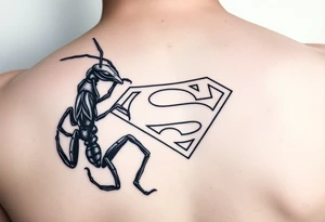 Black ant carrying a superman logo tattoo idea