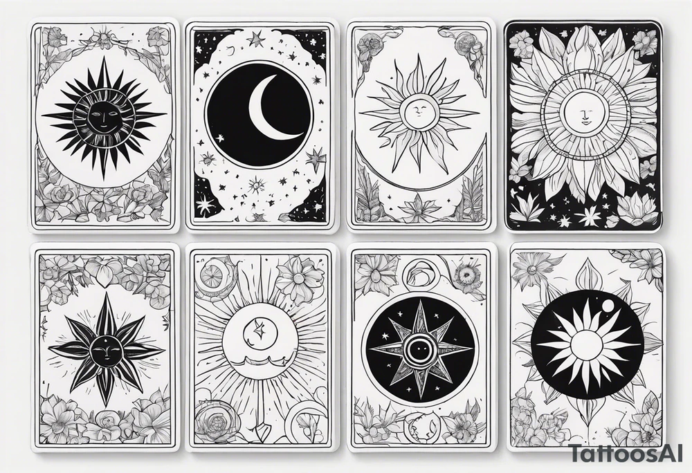 Tarot cards, whimsy, floral, sun star moon tattoo idea