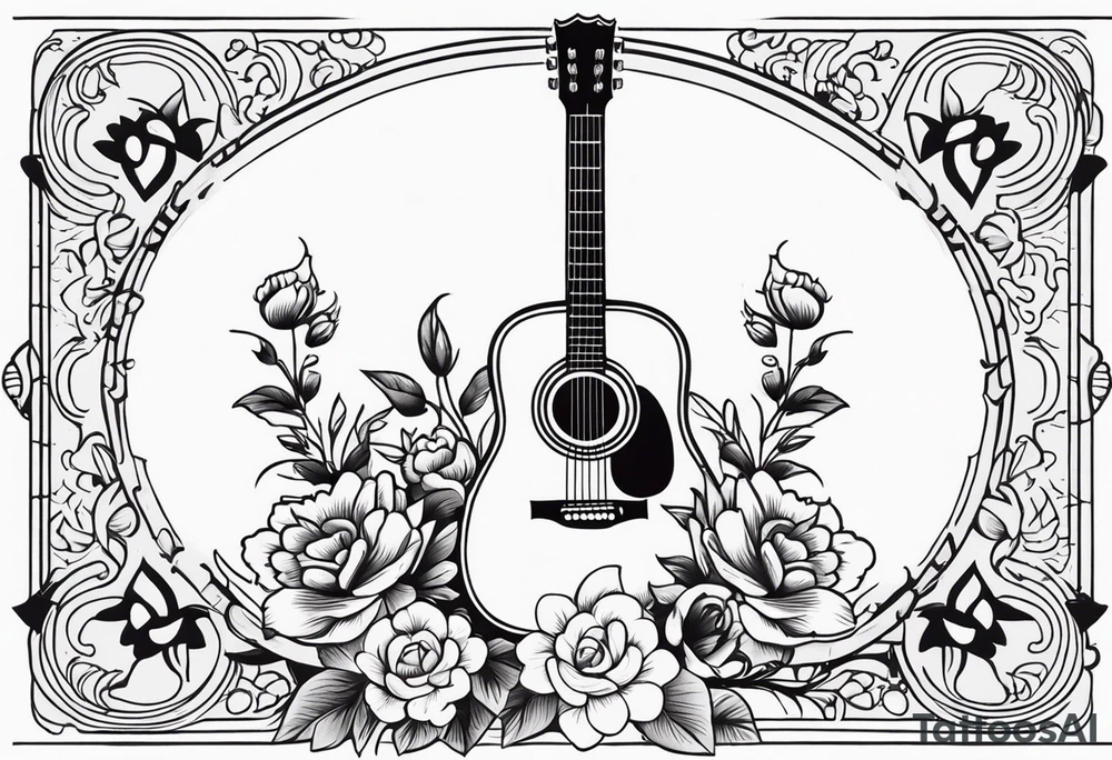 old school traditional vintage style design of guitar with flowers surrounding it tattoo idea