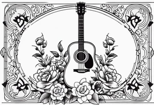 old school traditional vintage style design of guitar with flowers surrounding it tattoo idea