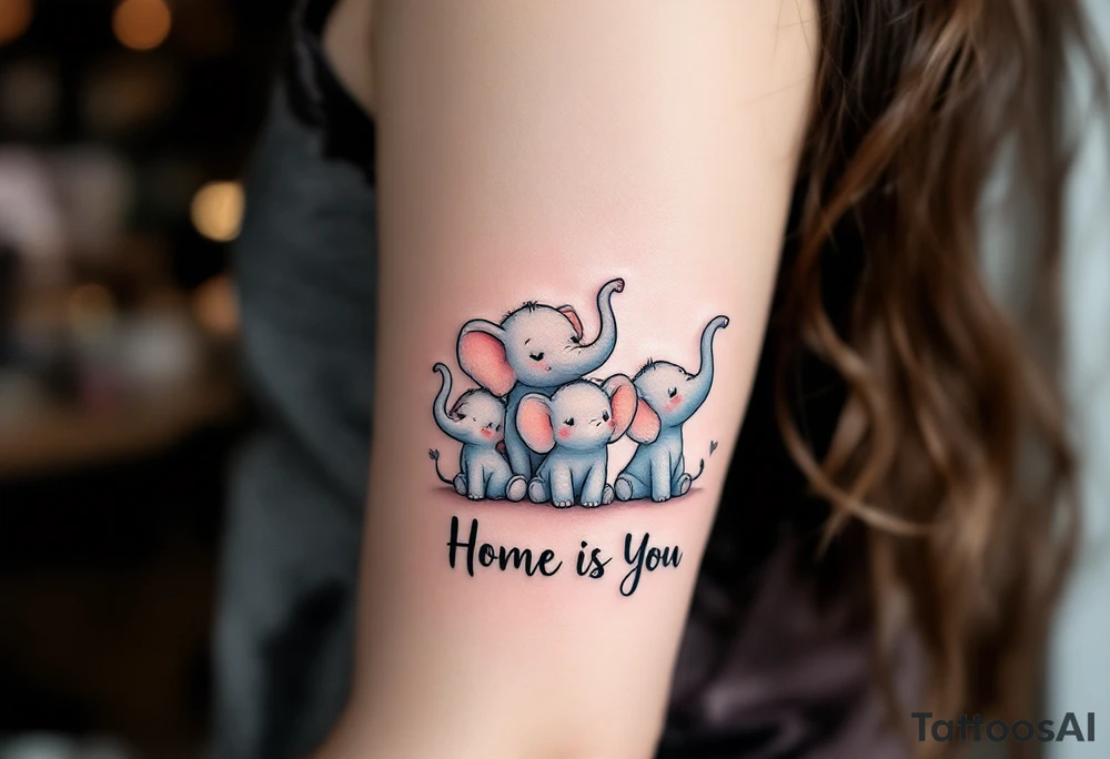 A cartoon-style elephant family on left pack in pastel tones holding tails with “Home is You” below. tattoo idea