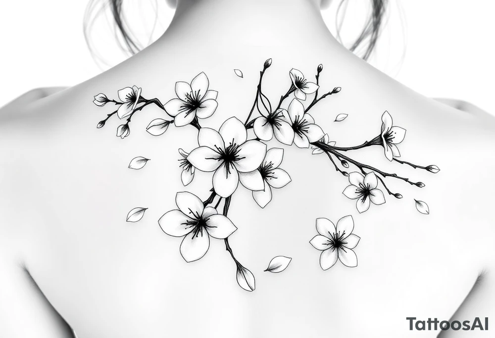 delicate cherry blossoms swirling in spring breeze with petals tattoo idea