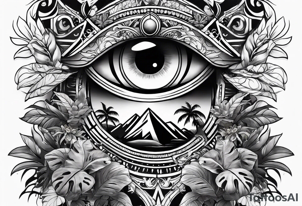 full arm sleeve tattoo with all-seeing eye and jungle plants tattoo idea