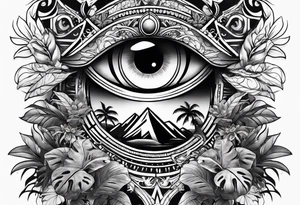 full arm sleeve tattoo with all-seeing eye and jungle plants tattoo idea