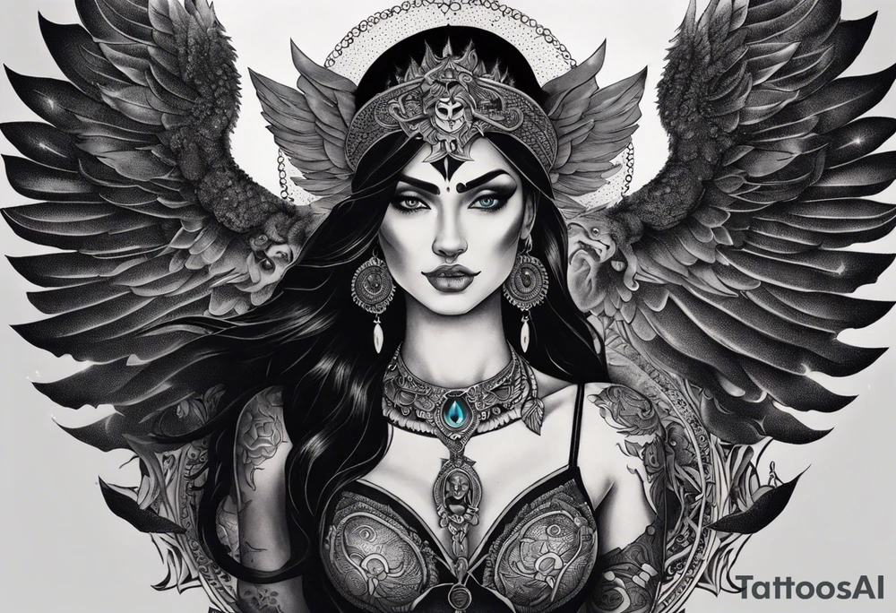 black kali, goddess pirate, alien, angel, pachamama, valkrye, warrior, flying, skull, lotus azul, wing, eagle, zenza resonance, stars, 5D, anahata chakra, death, durga, riding on a tiger, flying lady, chest tatoo tattoo idea