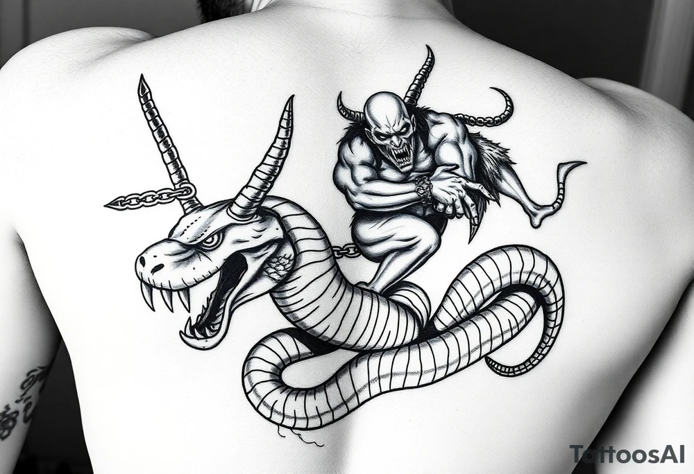 An giant ugly demonic man  holding a chain with a snake and something with devils horns ridding the snake both being slaves the snake has a wide shaped cobra head with goat horns and  a mouth full of sharp teeth and long fangs like a saber tooth tiger with the demonic guy riding on the back of snake tattoo idea