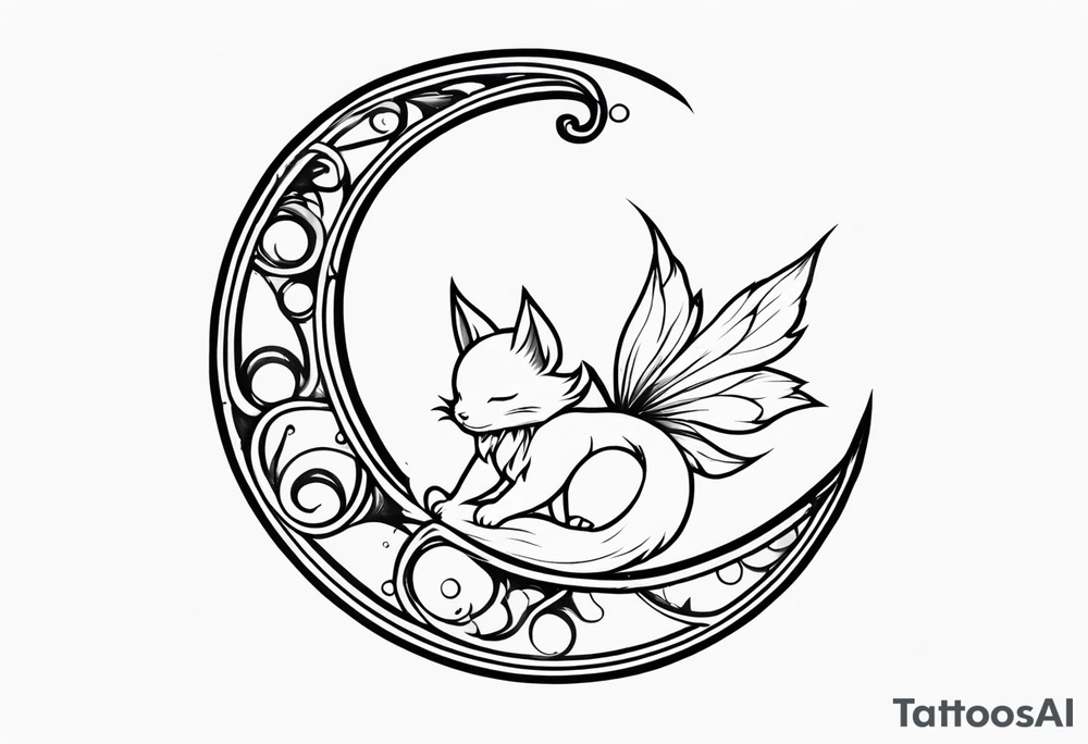 No color fairy with a tail inspired by the logo of the anime show called Fairy Tail in a fetal position leaning in and forward while sleeping tattoo idea