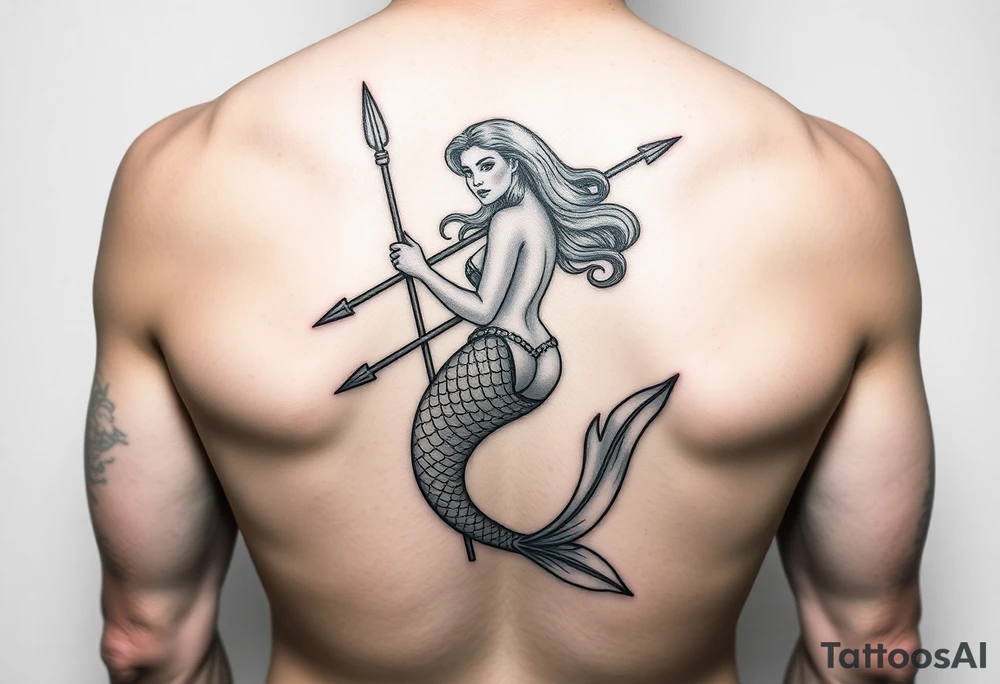 sexy mermaid with trident tattoo idea