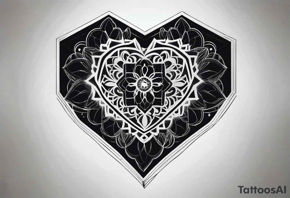 black hexagon heart with black background and god symbol tattoo idea