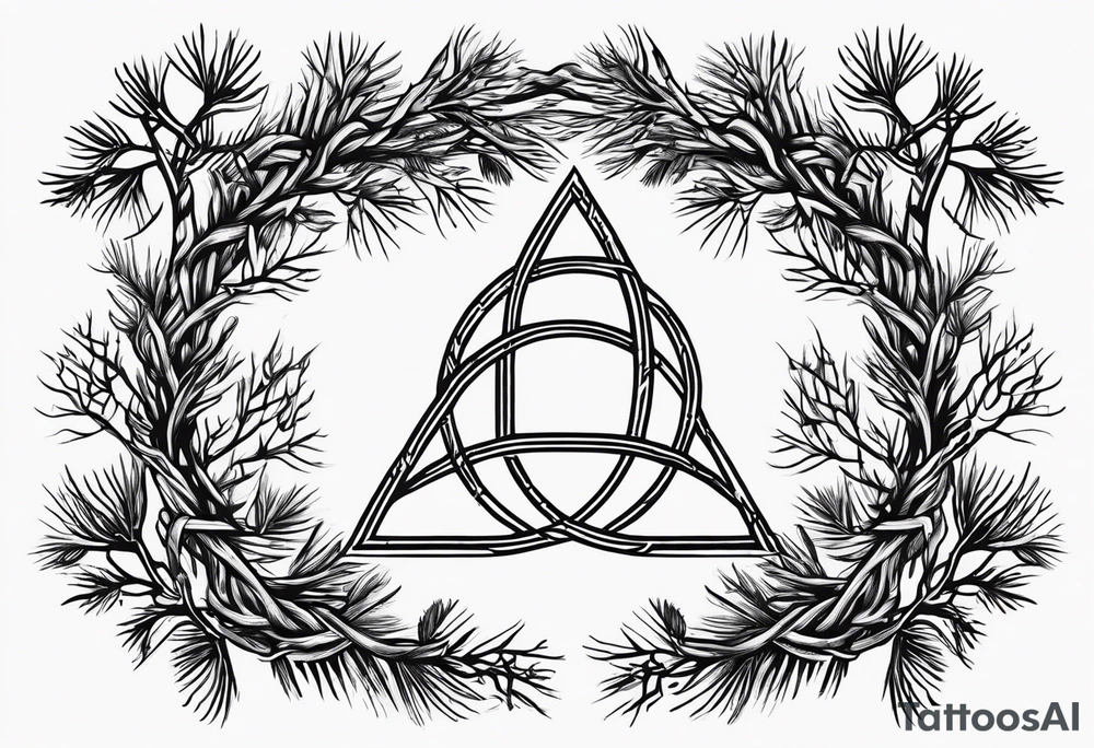 Pine branc and juniper branch forming a celtic trinity sign tattoo idea