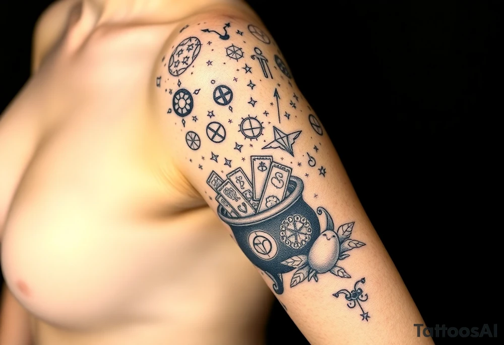 Milky way filled with zodiac symbols runes tarot cards coming out of a cauldron tattoo idea