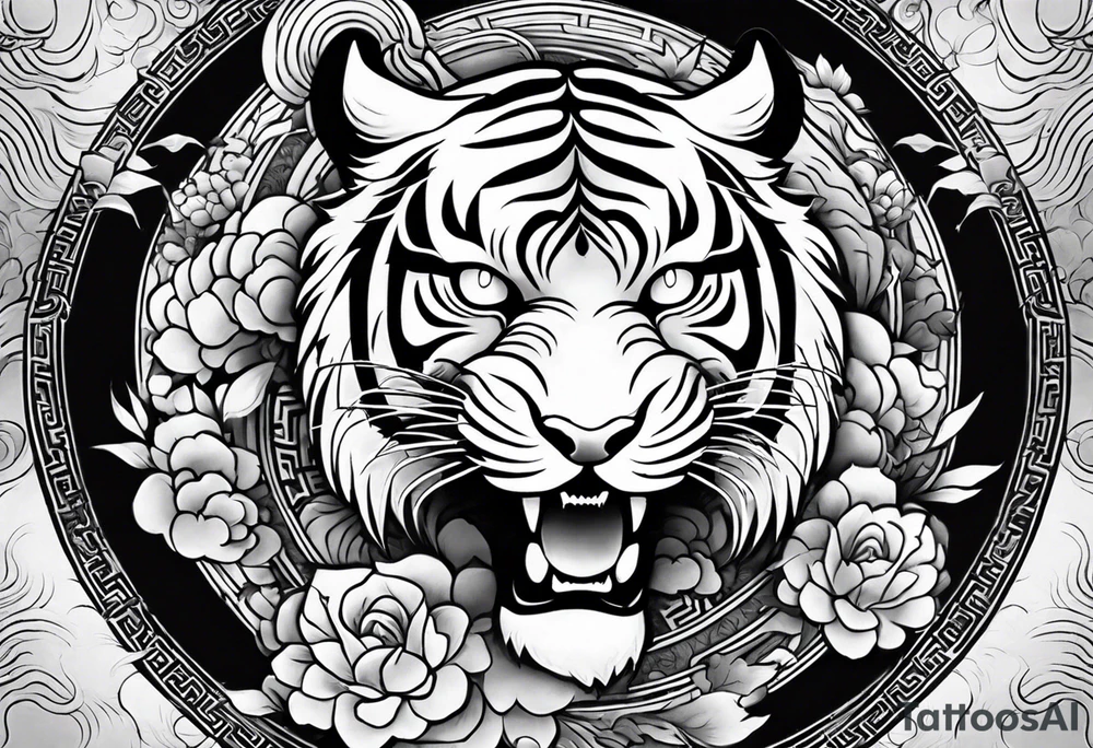 Asian Japanese Chinese style tiger twisting body for a forearm half sleeve, clouds tattoo idea