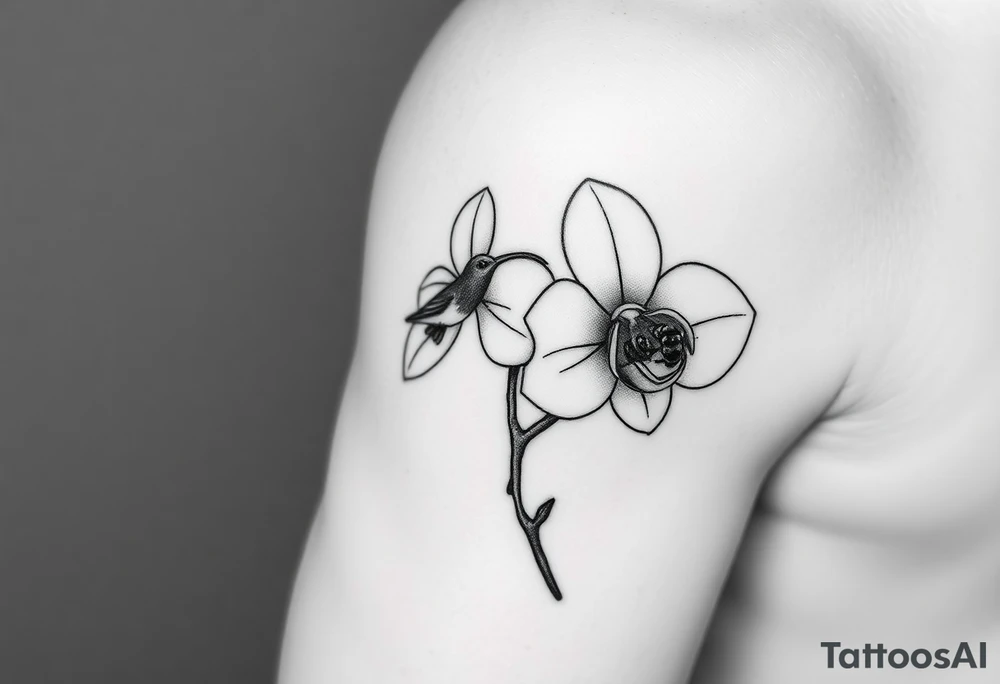 A delicate, black and white fine-line tattoo for male, featuring gracefully detailed 2 orchids in full bloom including their stems, with soft, intricate petals and elegant curves. Beside it, a hummingbird hovers mid-flight, its wings drawn with subtle motion lines, its slender beak reaching toward the orchid’s center to drink its nectar. on the other flower there is a bee that is resting tattoo idea