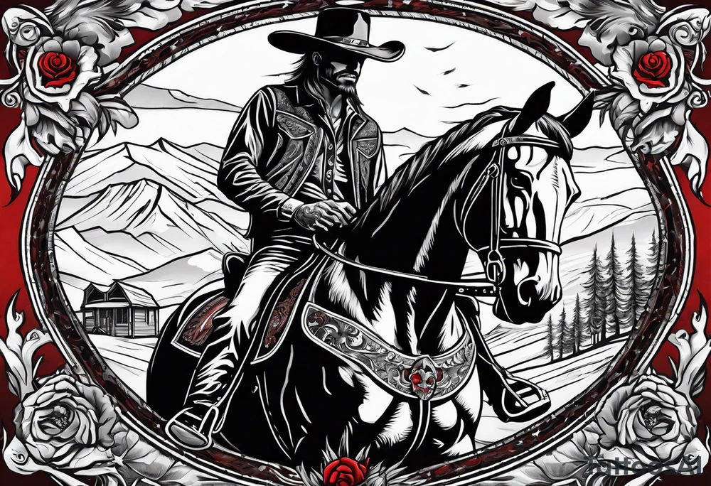 western background with a horse man,skelleton in the middle with a revolver and red dead redemtion hat tattoo idea western background with a horse man,skelleton in the middle with a revolver and red dead redemtion hat tattoo idea