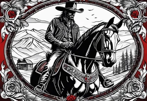 western background with a horse man,skelleton in the middle with a revolver and red dead redemtion hat tattoo idea