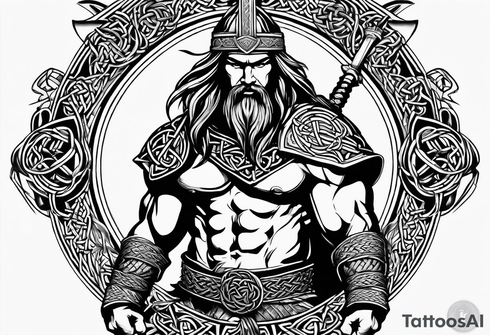 Wide shot of a Celtic warrior with weapons unsheathed tattoo idea