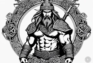 Wide shot of a Celtic warrior with weapons unsheathed tattoo idea
