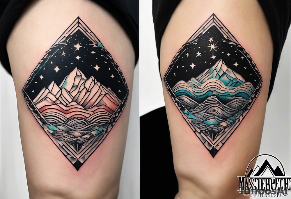 Übersetzter Text
tattoo fineline style, black, no fill, säntis mountain massif, water wave, a large semi-circle with two small colored stars frames the mountain peak, an open diamond as a geometric shape with dashed lines surrounds everything with the water overhanging the diamond, tattoo idea