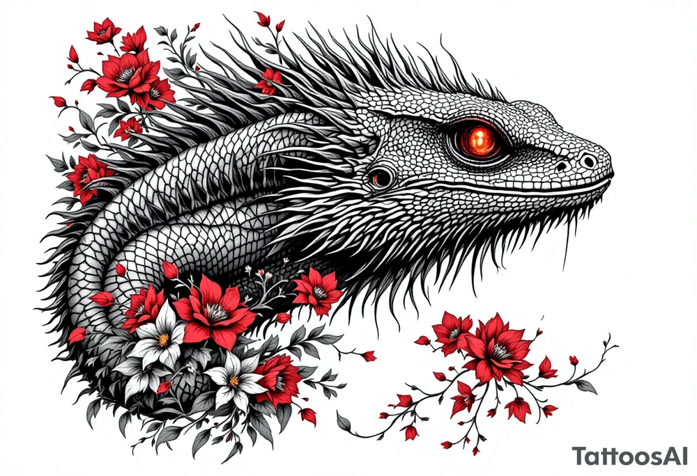 powerful majestic lizard with red eyes, surrounded by red floral ornaments tattoo idea