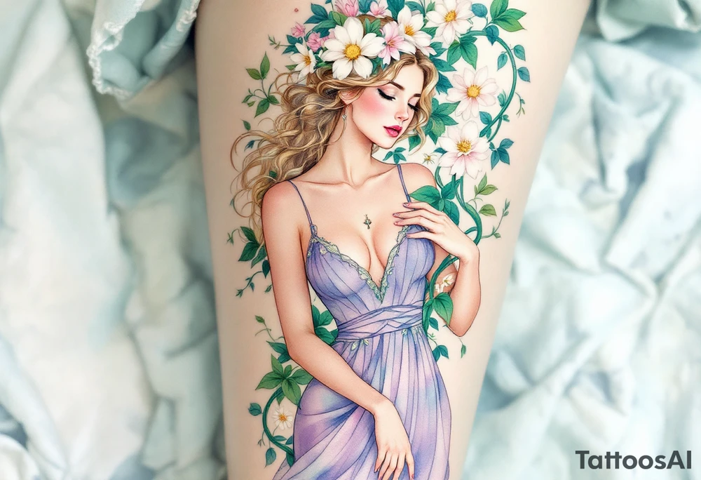 Alfons Mucha’s springtime spirit in a lavender dress, surrounded by mint green vines and delicate daisy-like blossoms. tattoo idea