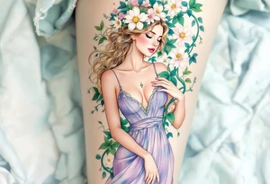 Alfons Mucha’s springtime spirit in a lavender dress, surrounded by mint green vines and delicate daisy-like blossoms. tattoo idea