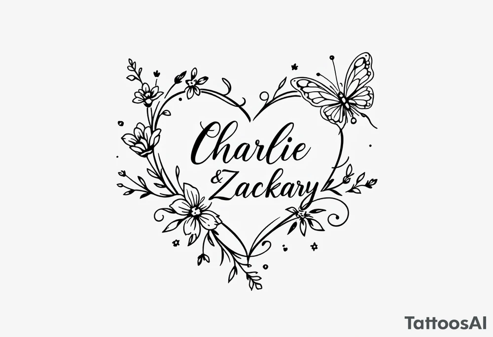 heart, flower and butterfly with name Charlie and Zackary tattoo idea