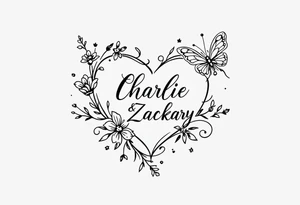 heart, flower and butterfly with name Charlie and Zackary tattoo idea