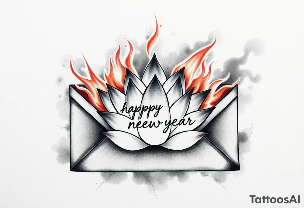 burning envelope with flames, charred paper texture, partially burnt edges, smoke and sparks   lotus flower surrounding envelope, watercolor lotus with gradient petals, traditional ink style lotus   handwritten text "hamburger, happy newyear", vintage cursive font on burnt paper, faded ink effect   neo-traditional tattoo, ink wash lotus, blackwork shading tattoo idea