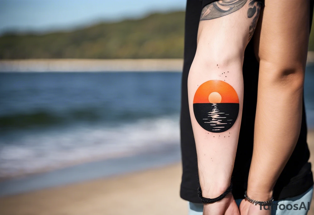 This is an extremely simple and minimalistic tattoo on male forearm. It is black and white with minuscule splashes of orange from the sun. The tattoo 4 inches wide by 2 inches tall. It is NOT a circle. From the perspective of being on the ocean, Water is calm, with no waves in sight, the sun is setting behind the ocean, reflecting light onto the ocean. tattoo idea