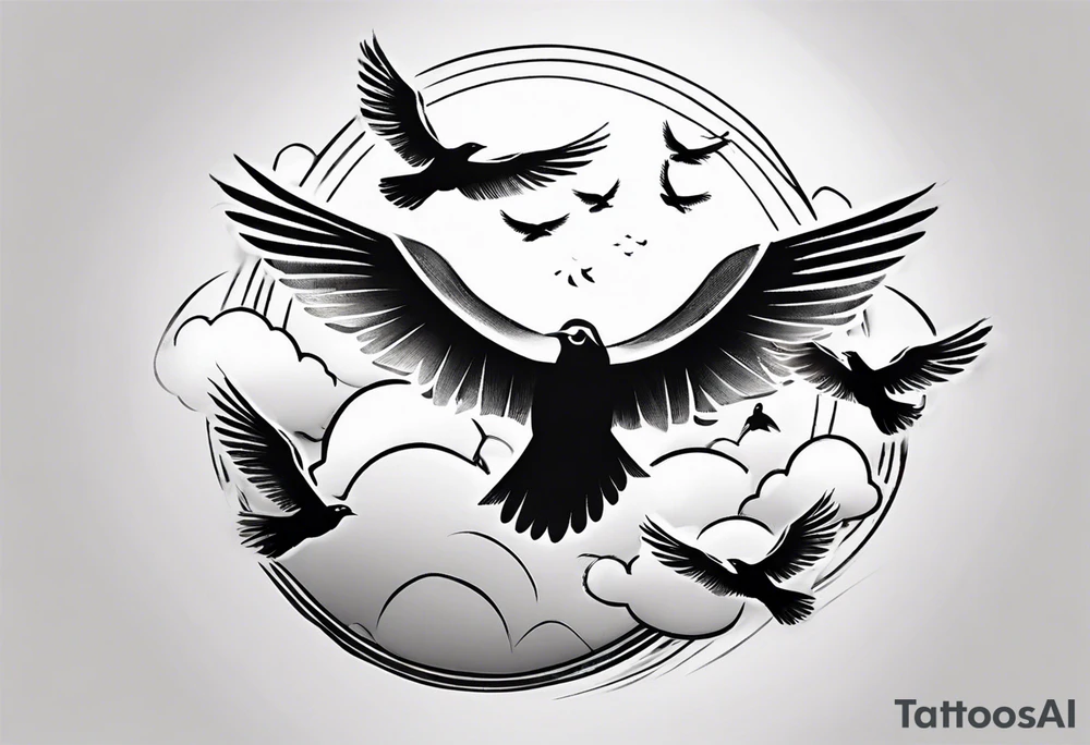 shoulder tattoo with light rays with birds flying free among the clouds, round shape, with gradient ends tattoo idea